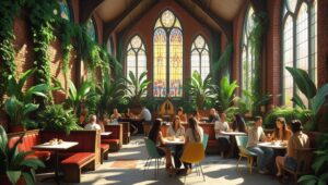 Kirchenraum mit Café und Blumen