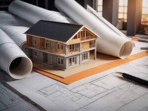 Man sieht Architektenpläne und das Modell eines Wohnhauses.